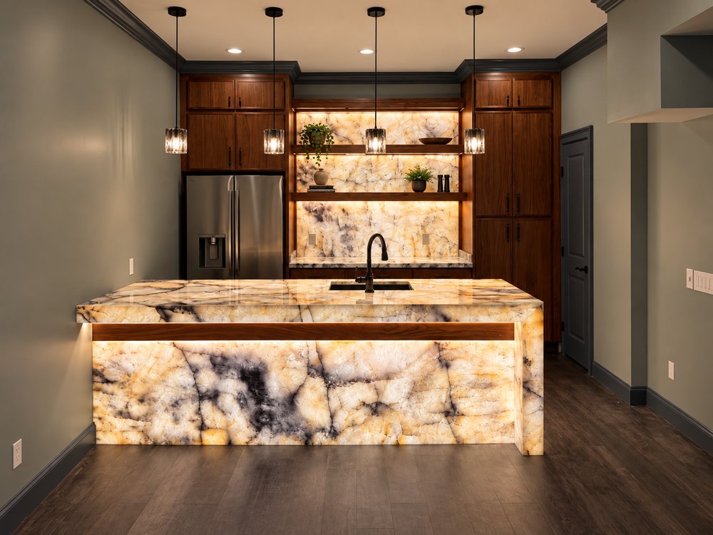 Kitchen island with a glowing backlit stone countertop, pendant lights above and lit open shelving behind