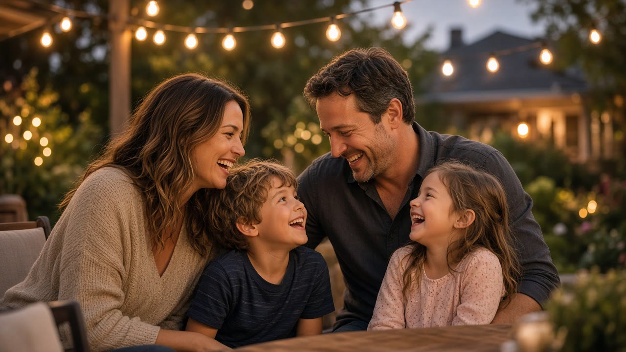 Happy family laughing together outdoors under warm string lights